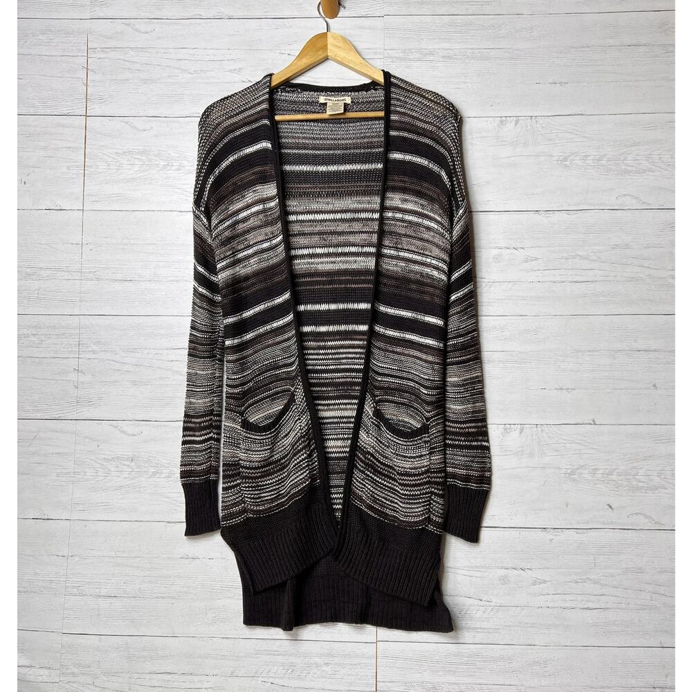 Billabong Cardigan Duster Womens Size S/P Brown with Pockets Striped Open Earthy